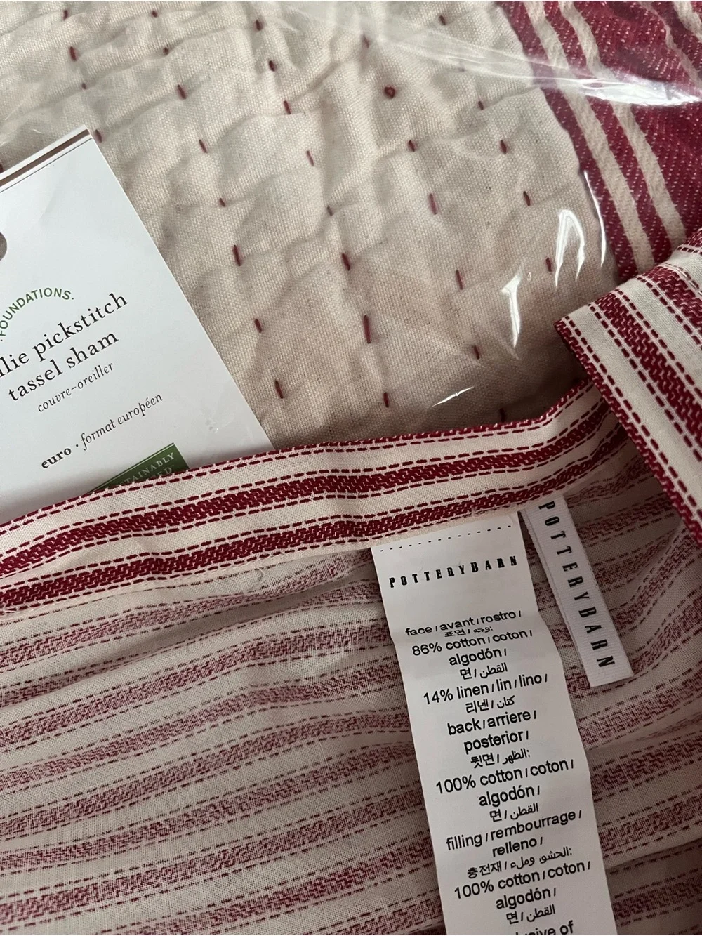 Pottery Barn Nellie Pickstitch Tassel Euro Sham Red Natural Tassel Trim